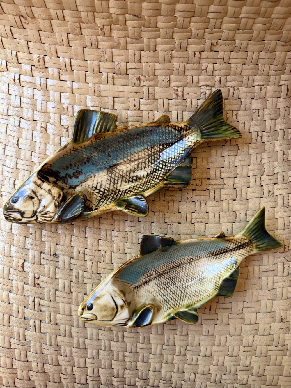 Ceramic Fish Decor Elongated Ceramic Bowl (2)  in Olive Green/Gold  Portugal